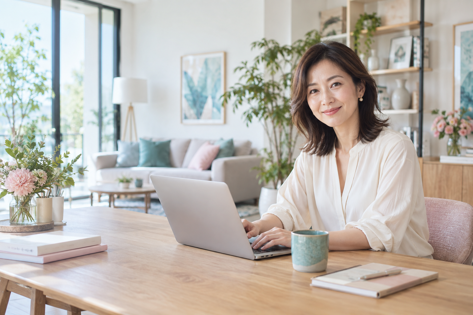 明るい仕事部屋で、ゆとりを持って仕事をする女性のイメージ